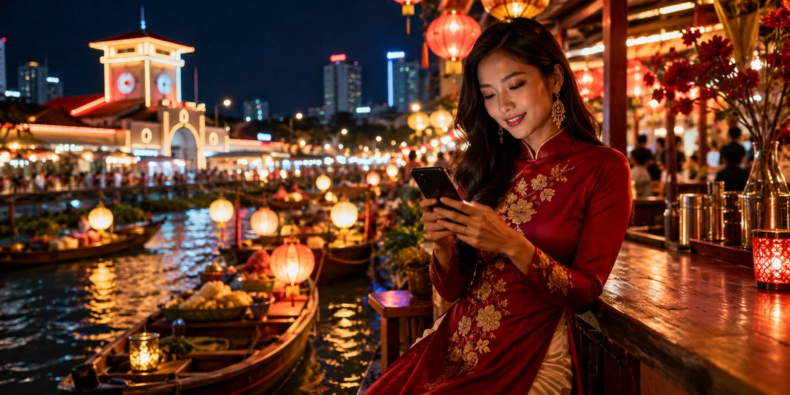 Người dùng TP.HCM xem lại điều khoản dịch vụ trên điện thoại tại khu chợ đêm